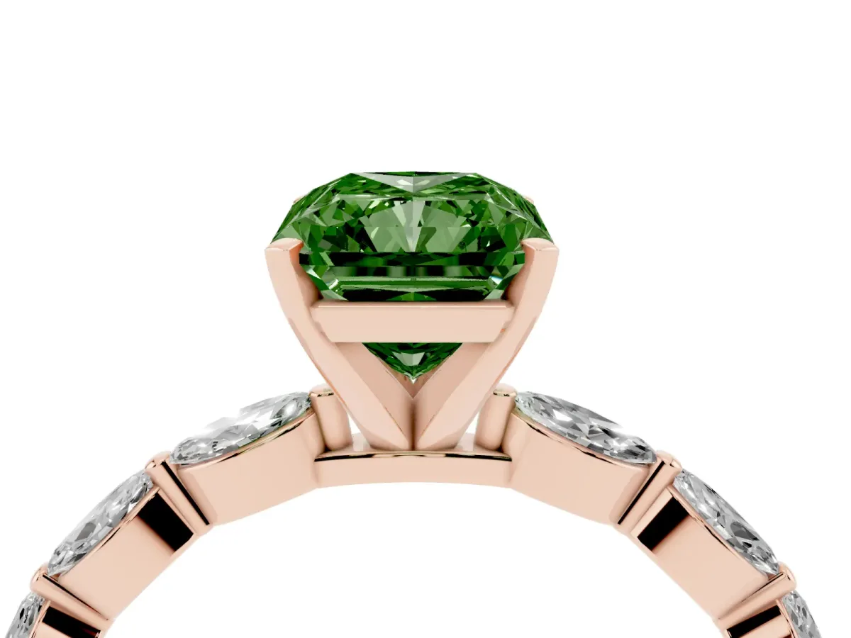 Fancy Green Radiant Cut Diamond Ring with Marquise Side Stones and Prong Setting Rose gold