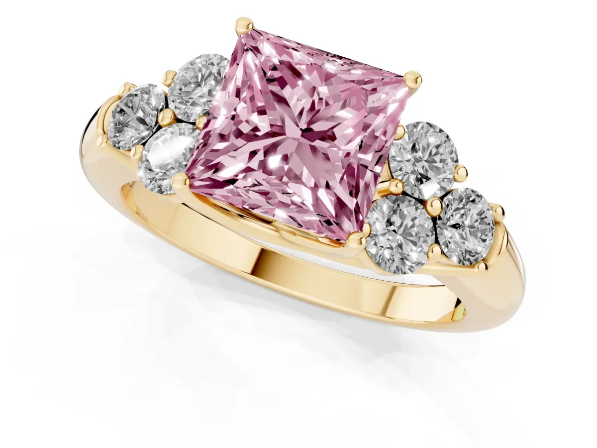 Fancy Pink Princess Cut Cut Diamond Cluster Ring with Round Accent Stones and Prong Setting on a Classic Band Yellow gold