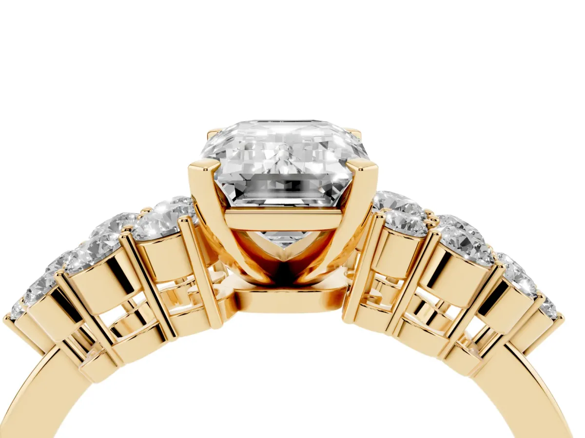 Emerald Cut Cluster Diamond Engagement Ring with Pavé Band and Four-Prong Setting Yellow gold