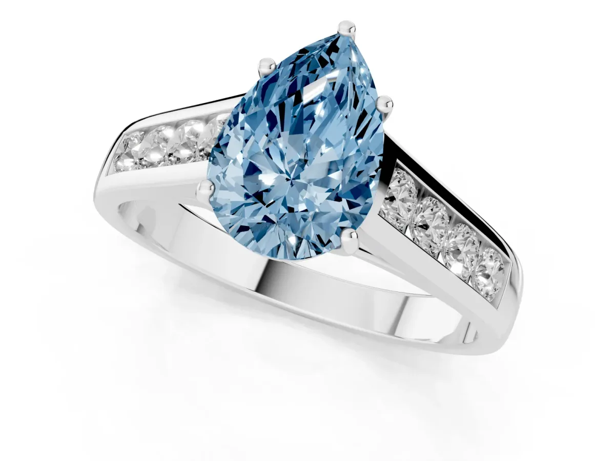 Fancy Blue Pear Cut Solitaire Channel-Set Diamond Engagement Ring with Four-Prong Setting Platinum