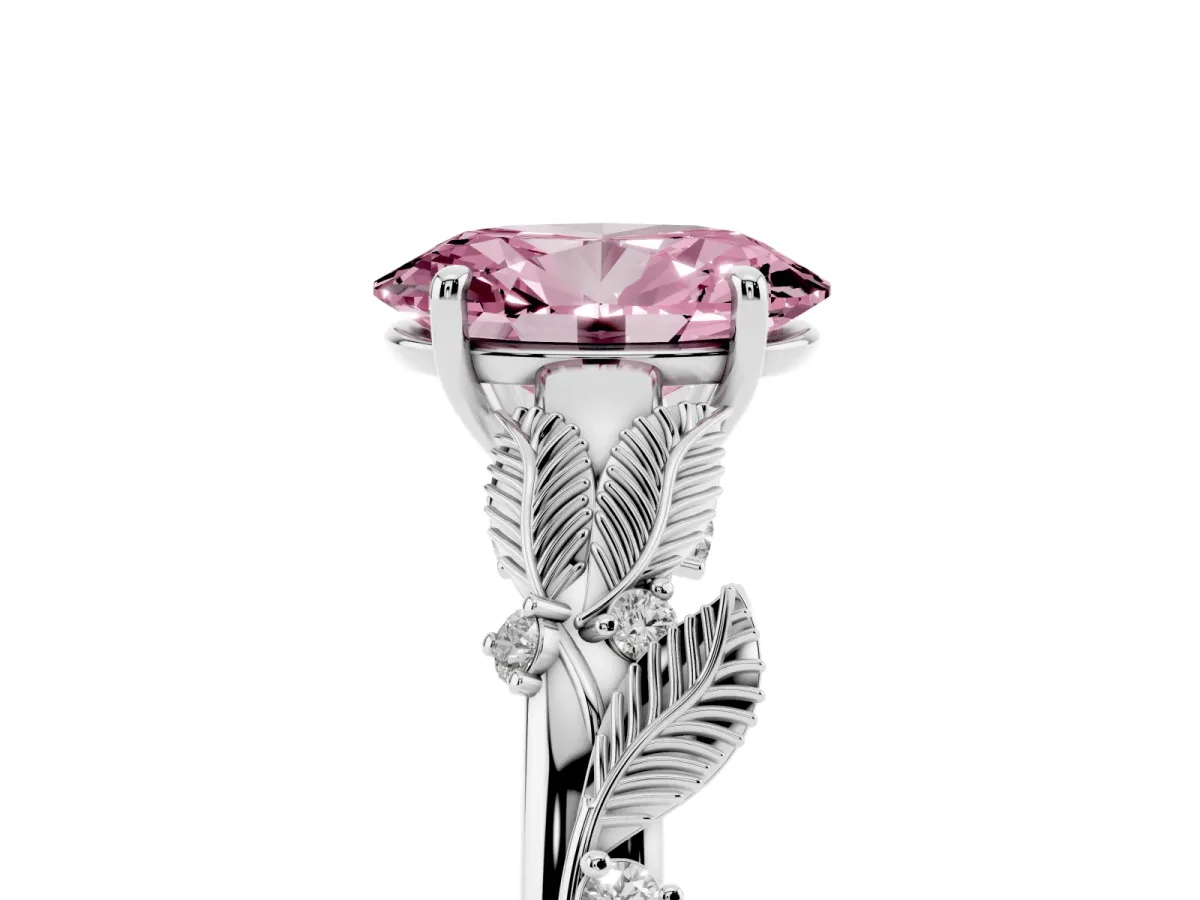 Fancy Pink Oval Cut Diamond Solitaire Ring with Leaf Motif Band and Four-Prong Setting Silver