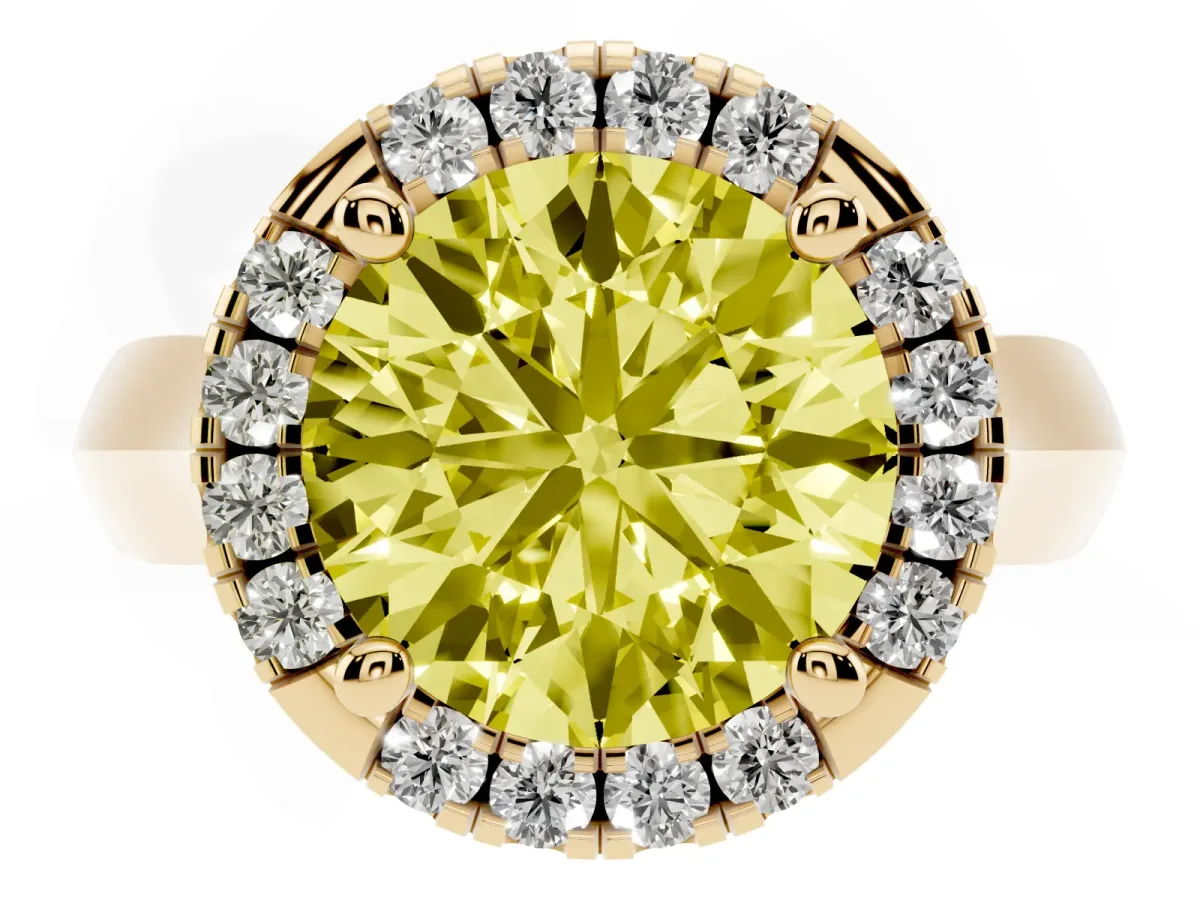 Fancy Yellow Round Cut Cut Halo Solitaire Engagement Ring with Square Band and Four-Prong Setting Yellow gold