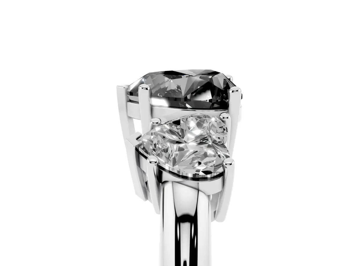 Fancy Black Three-Stone Heart Cut Cut Diamond Engagement Ring with Prong Setting on a White Gold Band Silver