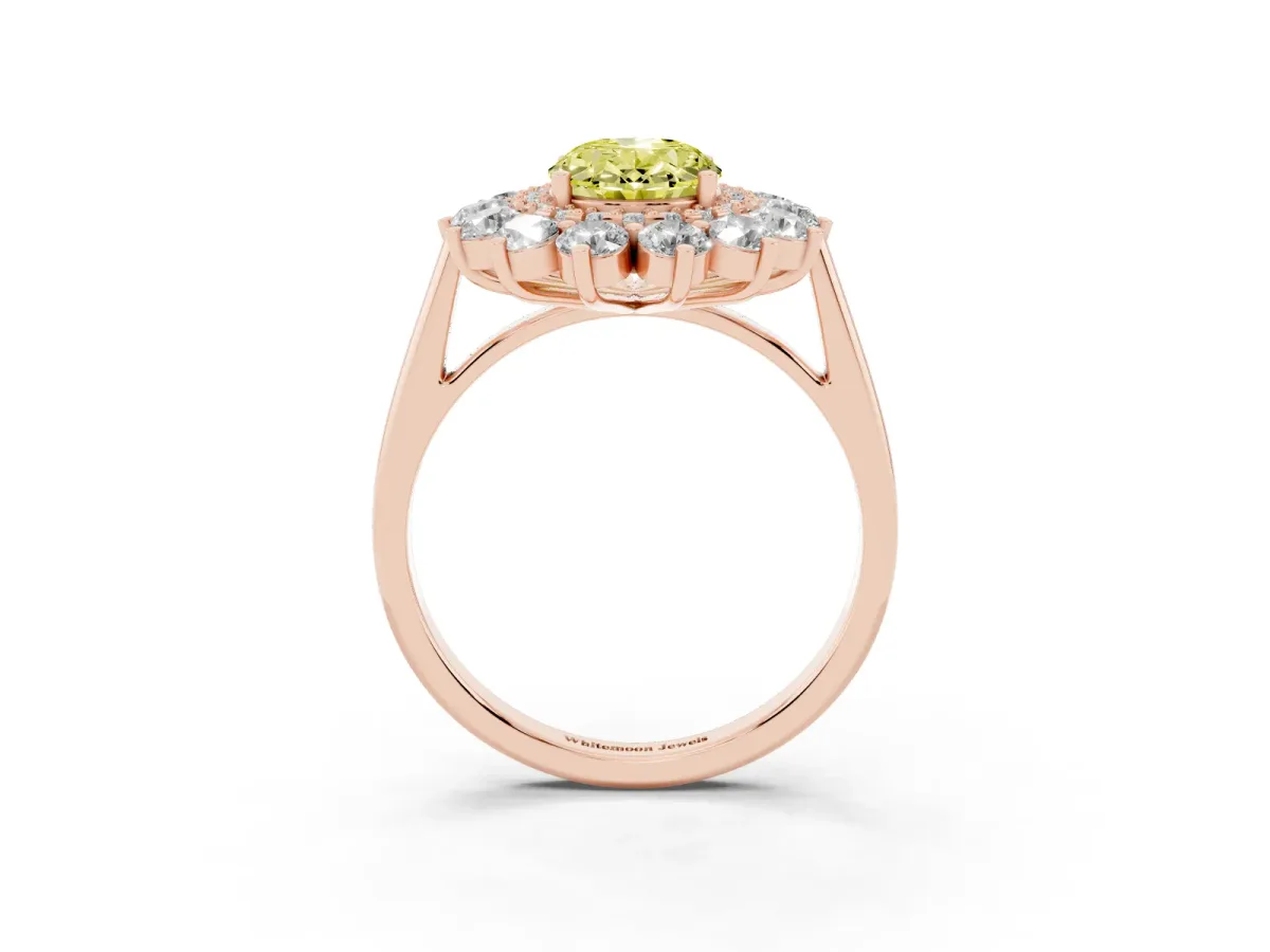 Fancy Yellow Oval Cut Diamond Floral Double Halo Engagement Ring with Prong Setting Rose gold
