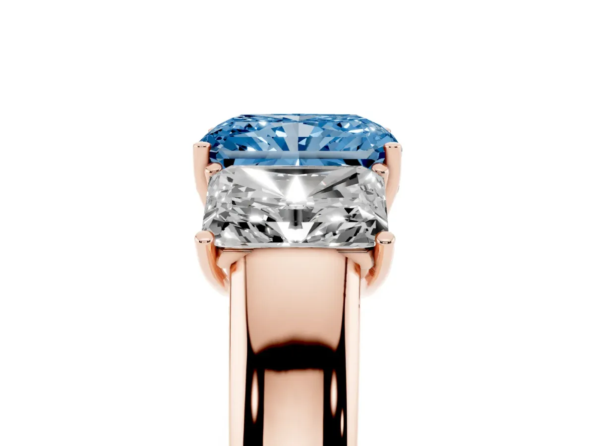 Fancy Blue Three-Stone Radiant Cut Cut Diamond Ring with Prong Setting and Classic Band Rose gold