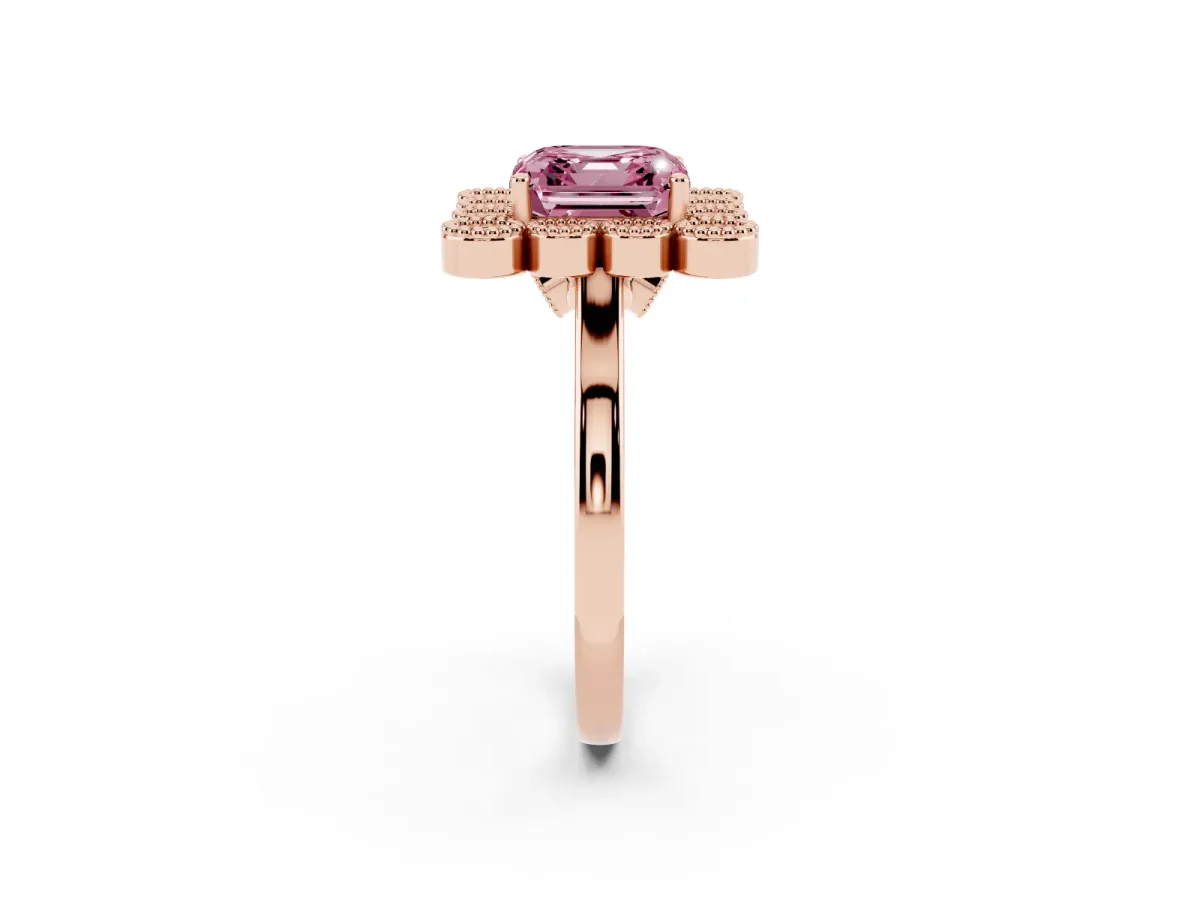 Fancy Pink Asscher Cut Halo Diamond Cluster Engagement Ring with Milgrain Bezel Setting and Solitaire Band Rose gold