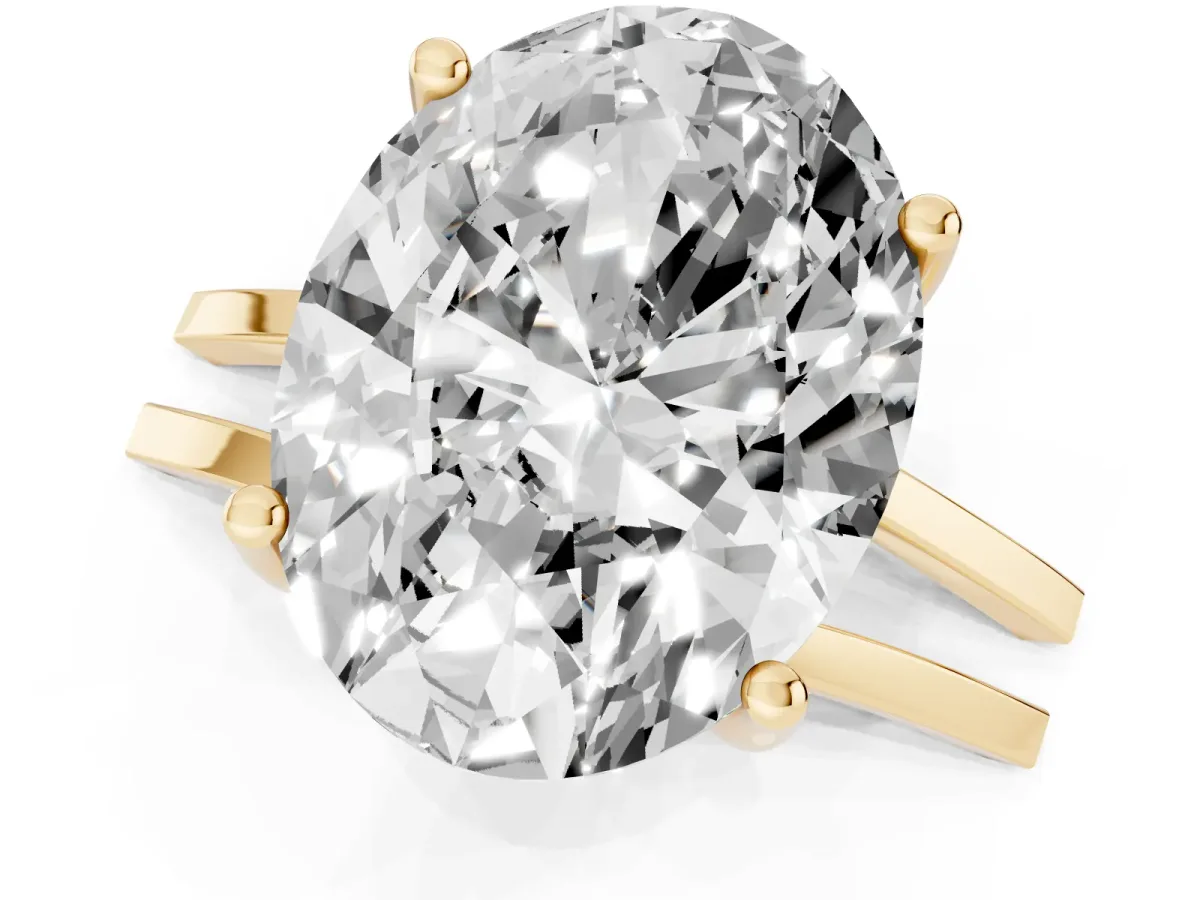 Oval Cut Cut Diamond Solitaire Engagement Ring with Tapered Plain Band and Four-Prong Setting Yellow gold