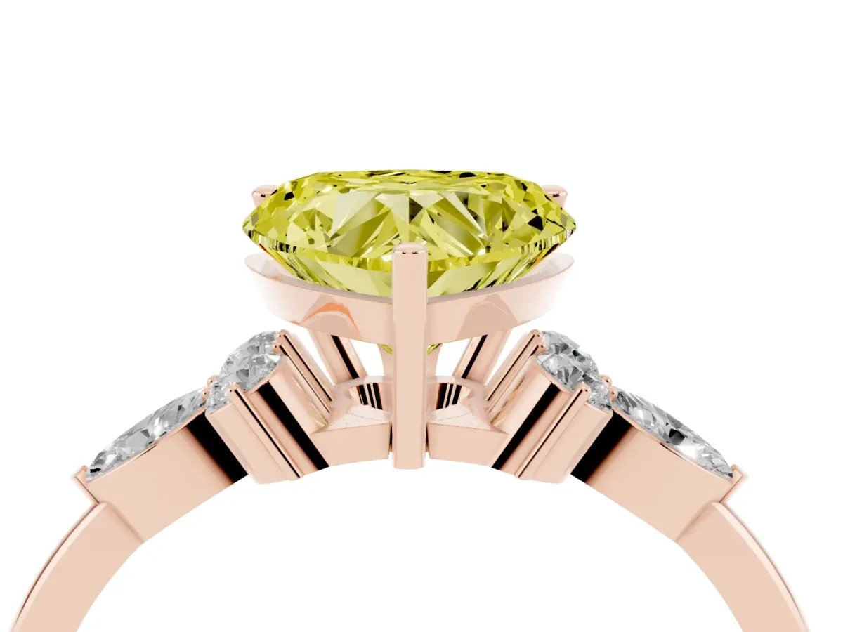 Fancy Yellow Heart Cut Brilliant Diamond Solitaire Ring with Pear Side Stones and Four-Prong Setting Rose gold