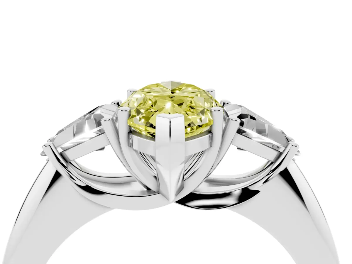 Fancy Yellow Three-Stone Marquise Cut Diamond Engagement Ring with Trillion Side Stones and Prong Setting White gold