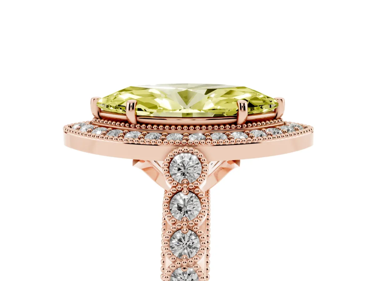Fancy Yellow Marquise Cut Halo Milgrain Solitaire with Bezel Set Side Stones and Pave Band Rose gold
