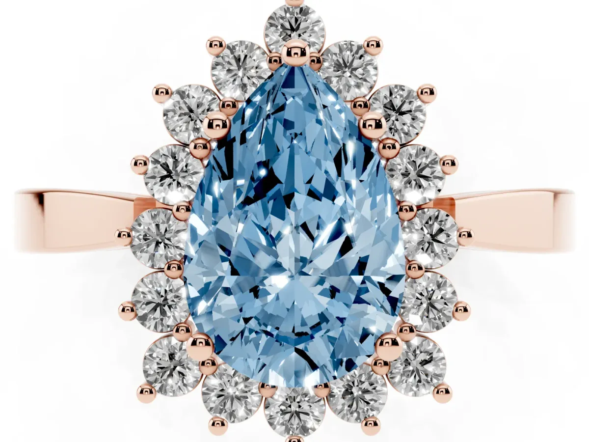 Fancy Blue Pear Cut Cut Diamond Halo Ring with Round Brilliant Halo and Solitaire Band Rose gold