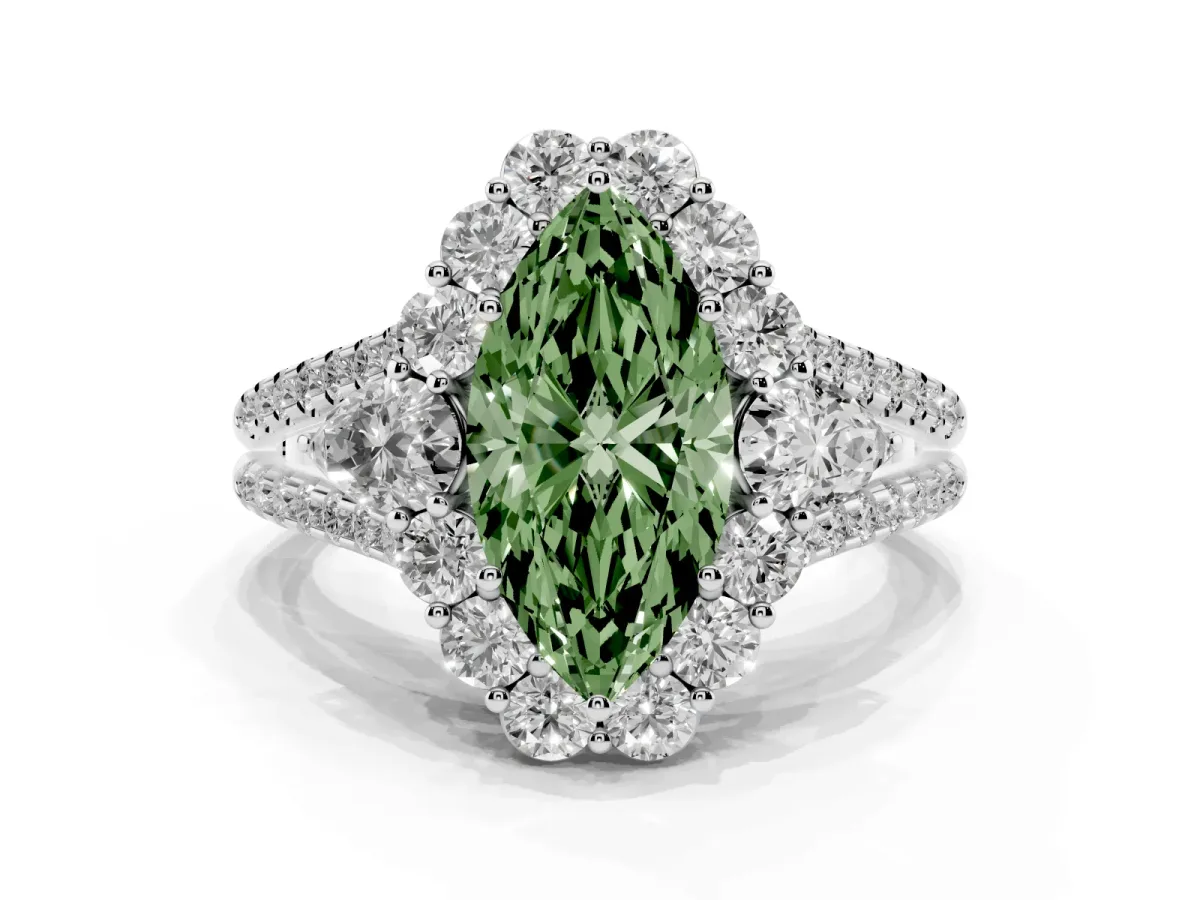 Fancy Green Marquise Cut Halo Split Shank Diamond Engagement Ring with Prong Setting Platinum