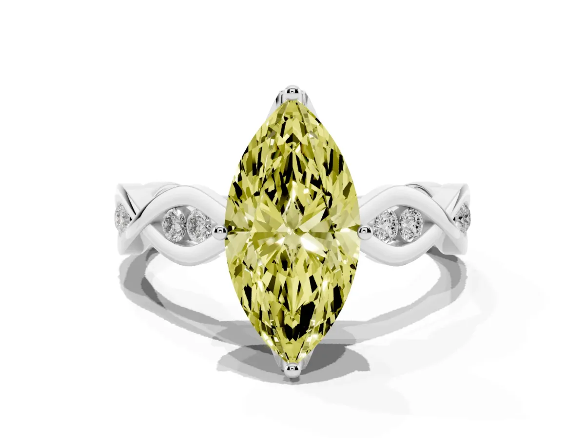 Fancy Yellow Marquise Cut Solitaire Twist Band with Leaf Prong Setting Silver