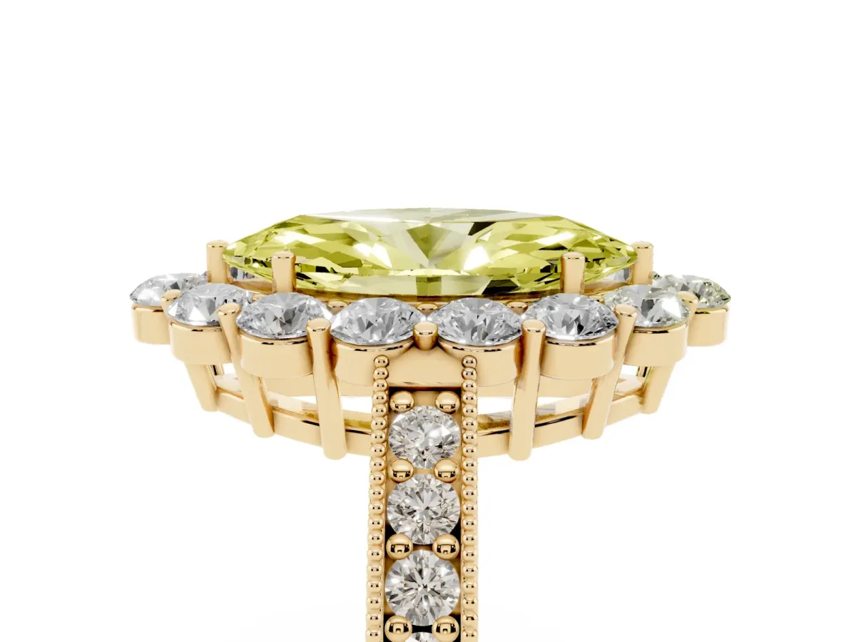 Fancy Yellow Marquise Cut Cut Halo Diamond Pavé Engagement Ring with Milgrain Detailing Yellow gold