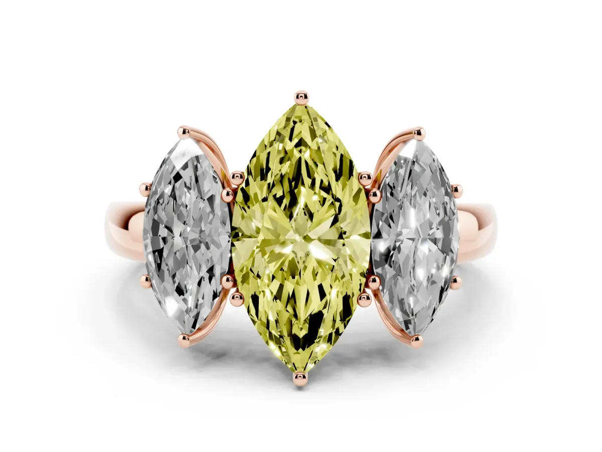 Fancy Yellow Marquise Cut Diamond Three-Stone Ring with Four-Prong Setting and Classic Band Rose gold