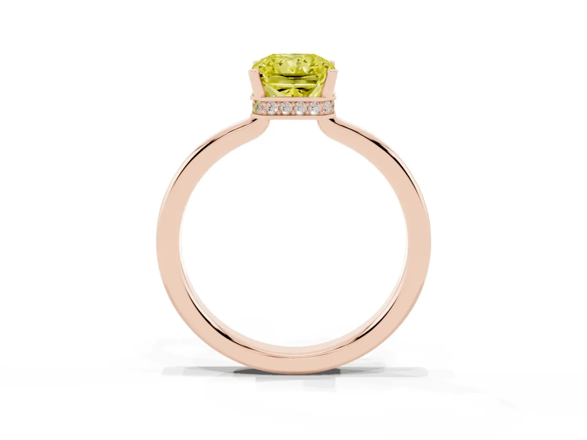 Fancy Yellow Radiant Cut Cut Solitaire Engagement Ring with Four-Prong Setting on a Classic Band Rose gold