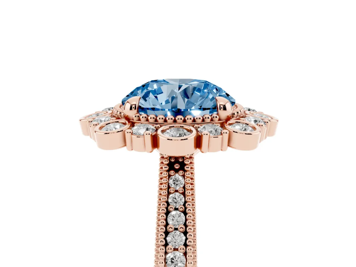 Fancy Blue Round Cut Halo Milgrain Pave Diamond Ring with Four-Prong Setting Rose gold