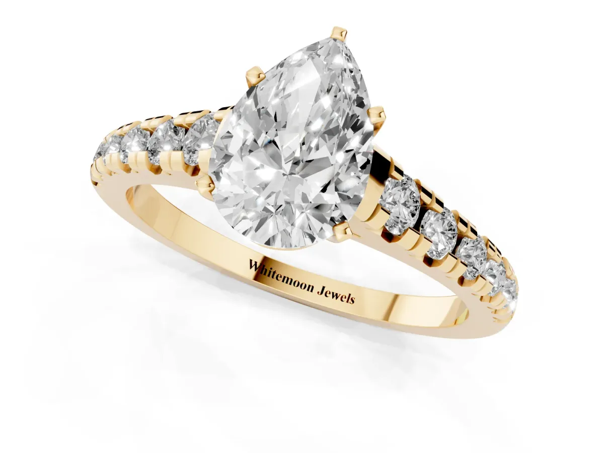 Pear Cut Diamond Cathedral Solitaire Ring with Round Pavé Band Yellow gold