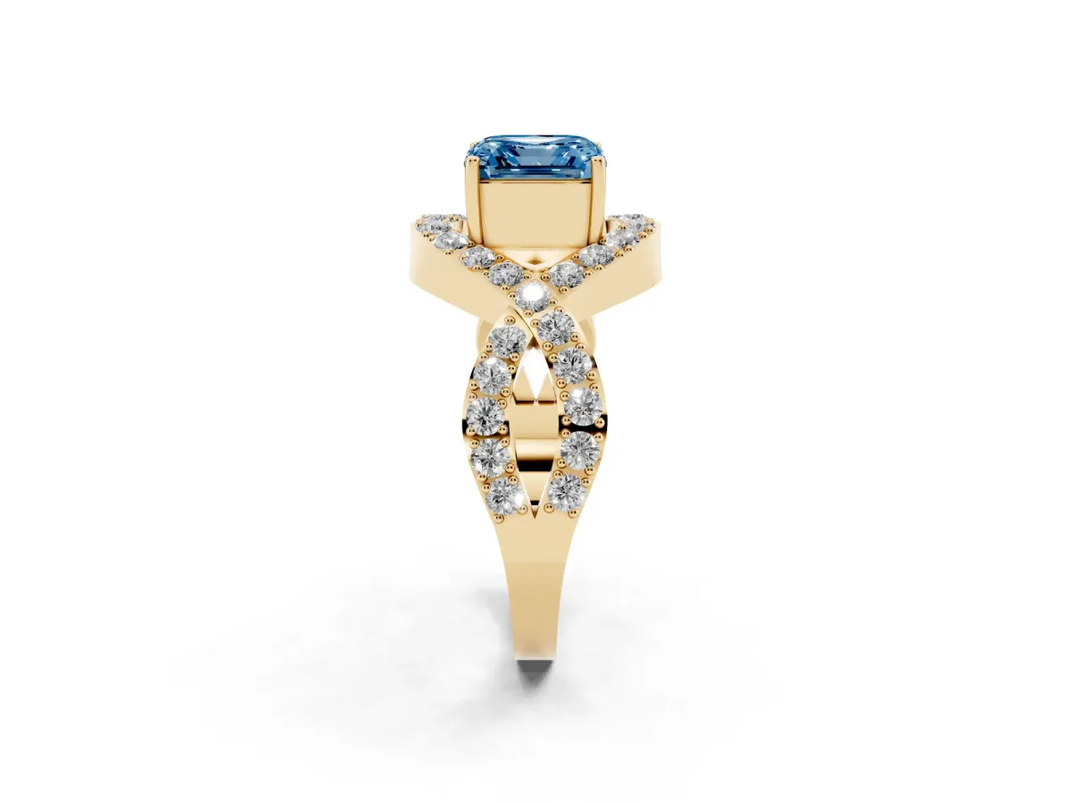 Fancy Blue Asscher Cut Solitaire Twist Band Pavé Diamond Engagement Ring Yellow gold