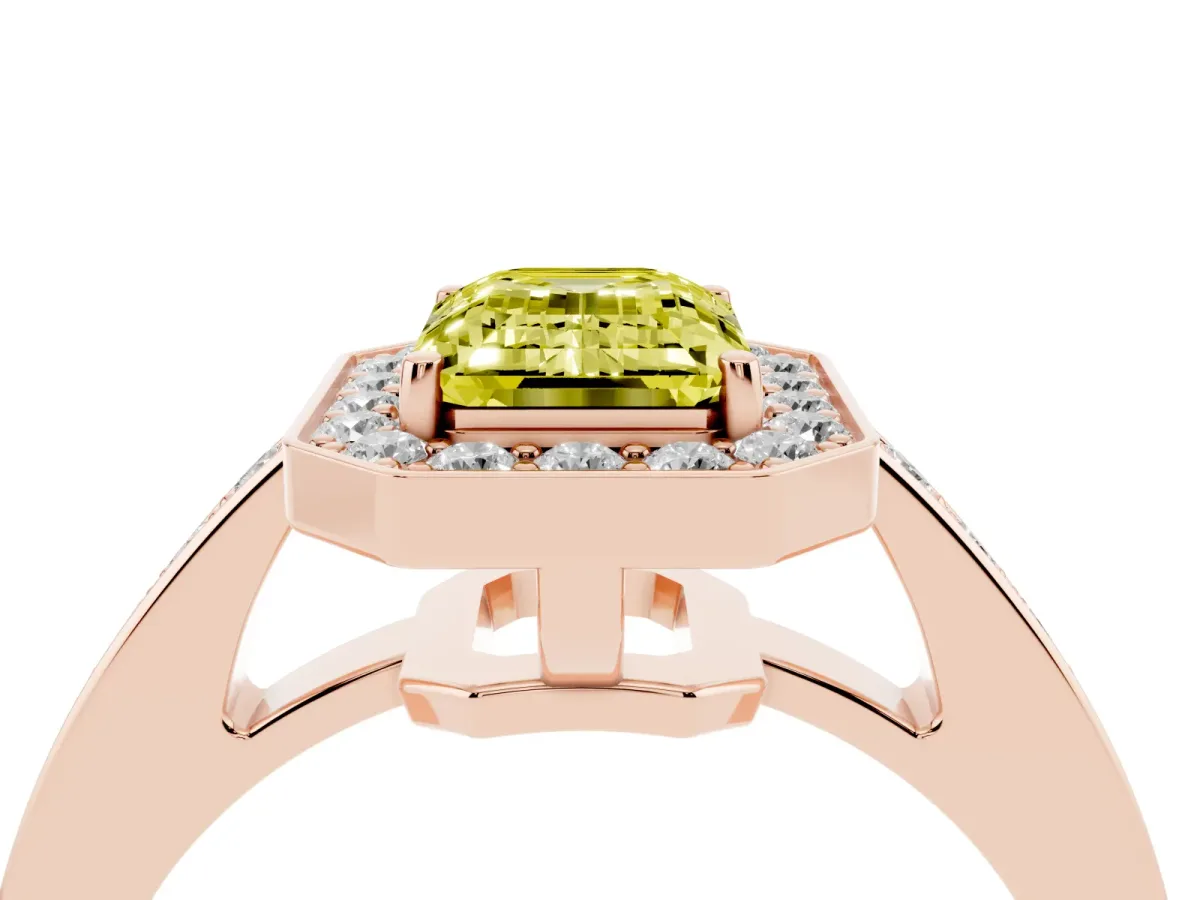 Fancy Yellow Emerald Cut Halo Pavé Diamond Engagement Ring with Bezel Setting Rose gold