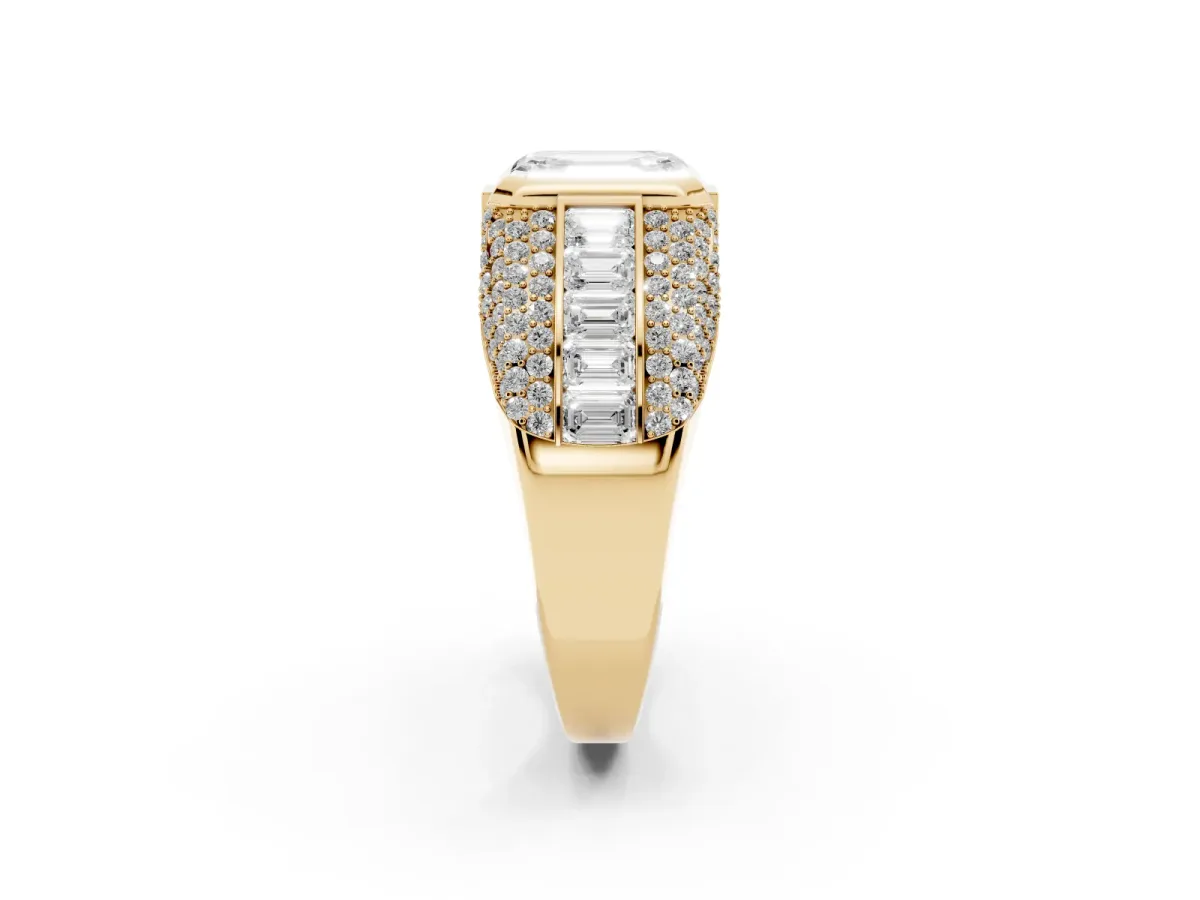 Emerald Cut Diamond Mens Ring with Side Stones Yellow gold