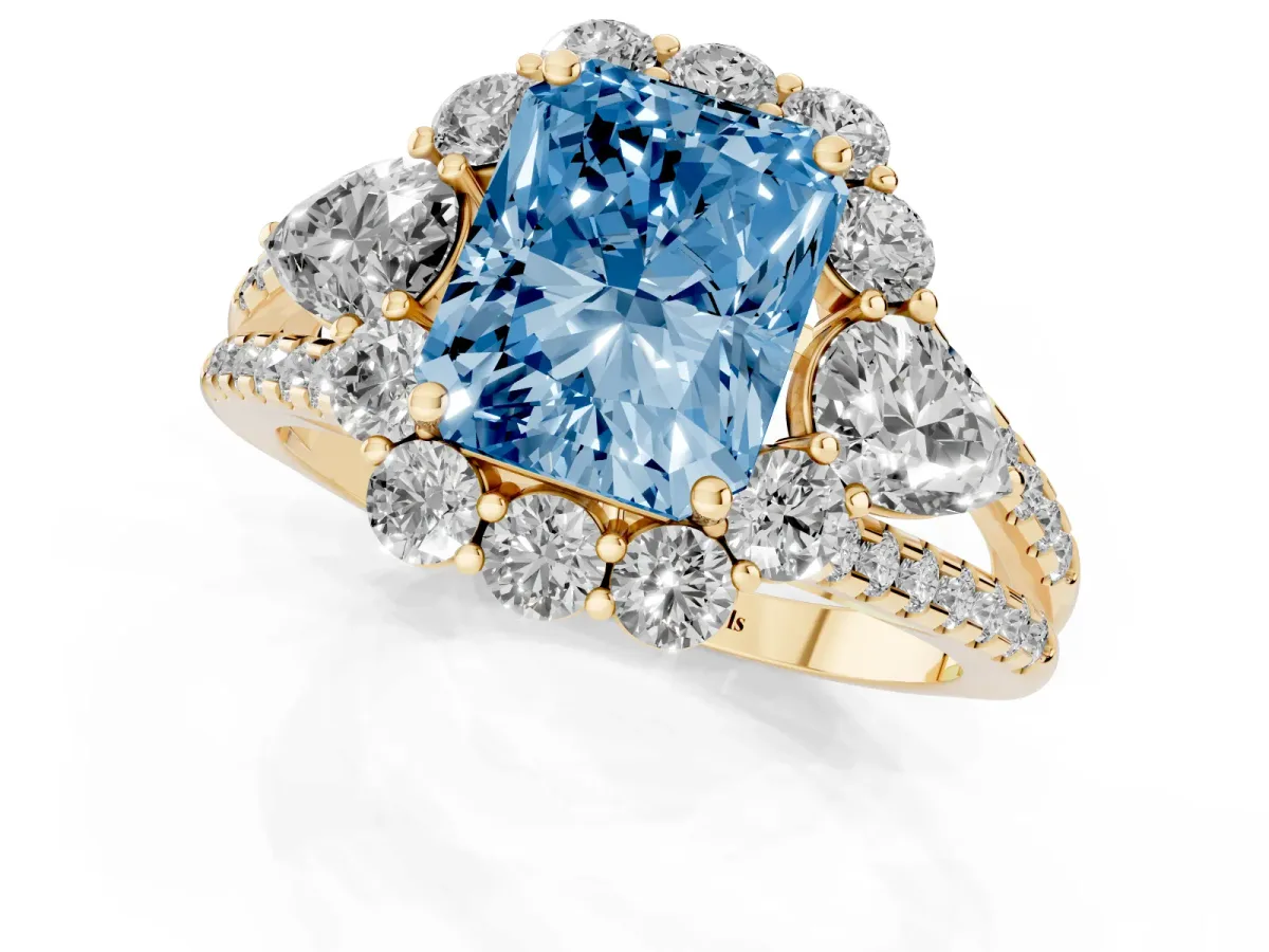 Fancy Blue Radiant Cut Halo Split Shank Diamond Engagement Ring with Prong Setting Yellow gold