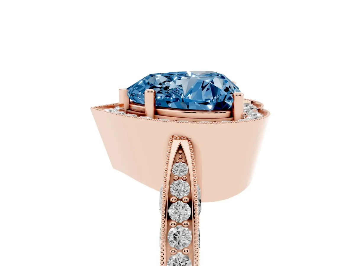 Fancy Blue Heart Cut Halo Diamond Engagement Ring with Split Shank Band and Four-Prong Setting Rose gold