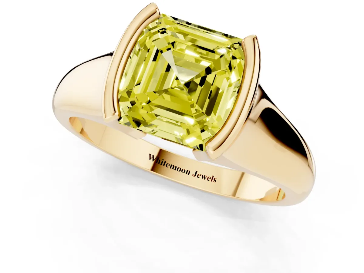 Fancy Yellow Asscher Cut Solitaire Tension Set Diamond Ring with Split Shank Band Yellow gold