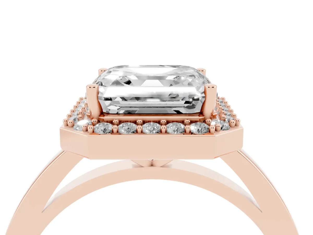 Asscher Cut Halo Diamond Ring with Solitaire Band and Prong Setting Rose gold