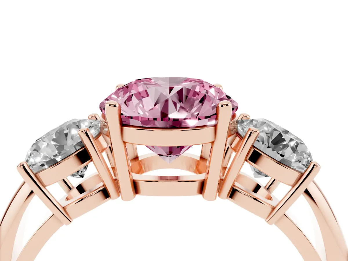 Fancy Pink Three-Stone Round Cut Cut Diamond Engagement Ring with Prong Setting on a White Gold Band Rose gold