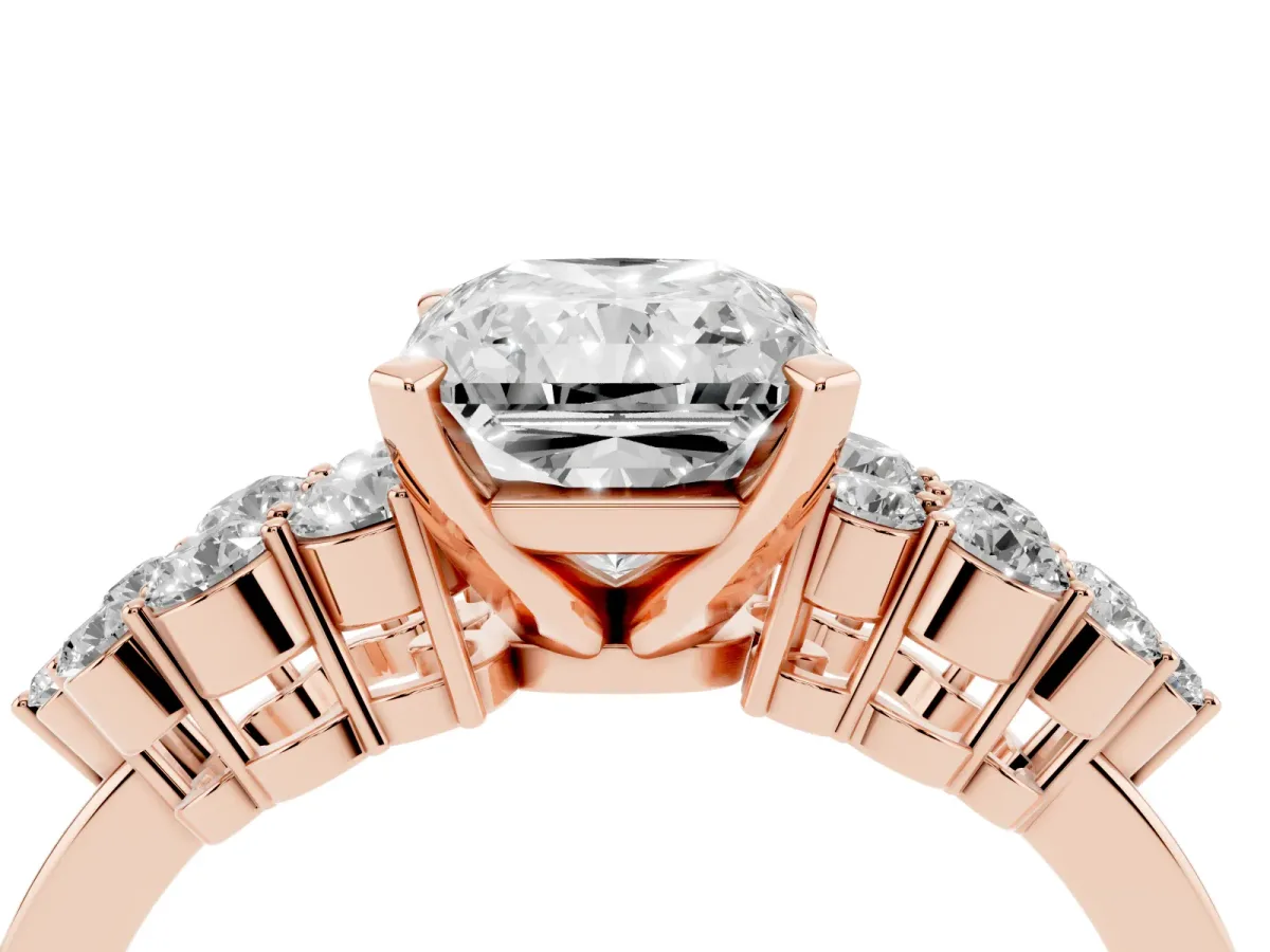 Radiant Cut Cluster Diamond Engagement Ring with Pavé Band and Four-Prong Setting Rose gold