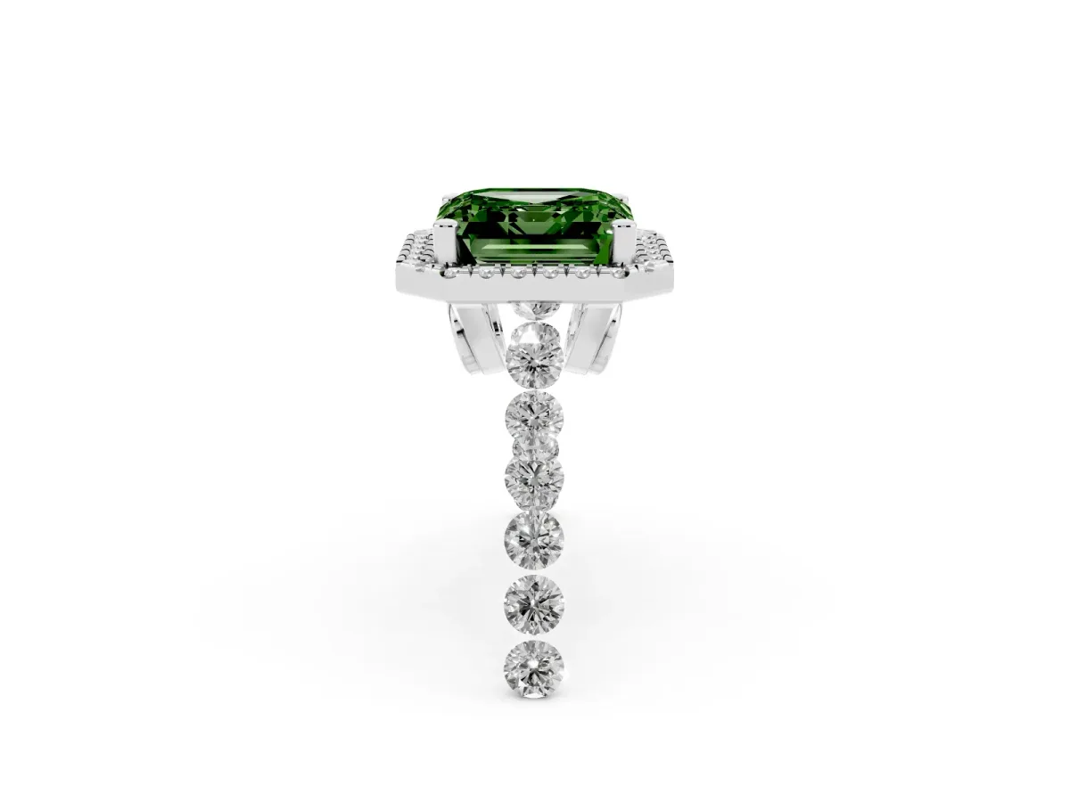 Fancy Green Asscher Cut Halo Pavé Diamond Engagement Ring with Four-Prong Setting Platinum