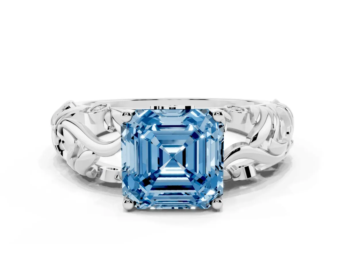 Fancy Blue Asscher Cut Solitaire Diamond Leaf-Inspired Vine Band Ring with Prong Setting Platinum