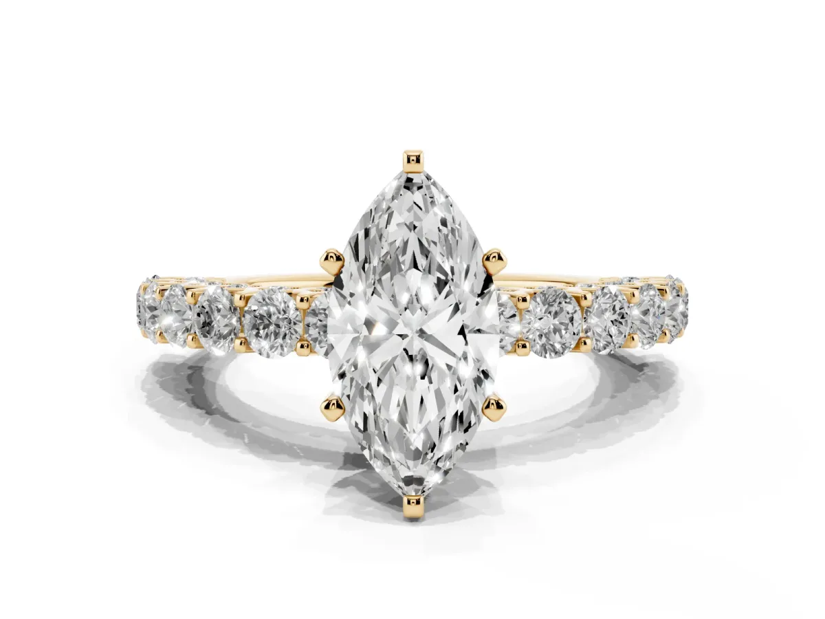 Marquise Cut Diamond Solitaire Ring with Shared Prong Pavé Band and Four-Prong Setting Yellow gold