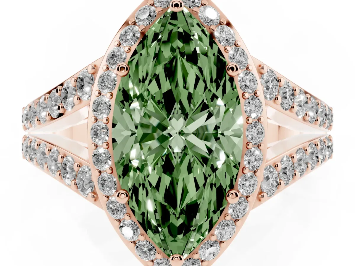 Fancy Green Marquise Cut Diamond Split Shank Halo Ring with Four-Prong Setting Rose gold