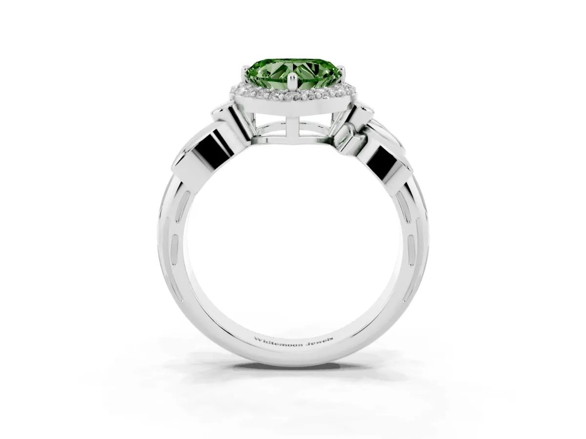 Fancy Green Heart Cut Halo Diamond Floral Band with Four-Prong Setting Silver