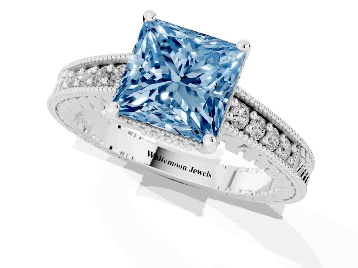 Fancy Blue Princess Cut Solitaire Pavé Diamond Milgrain Engagement Ring with Four-Prong Setting Silver
