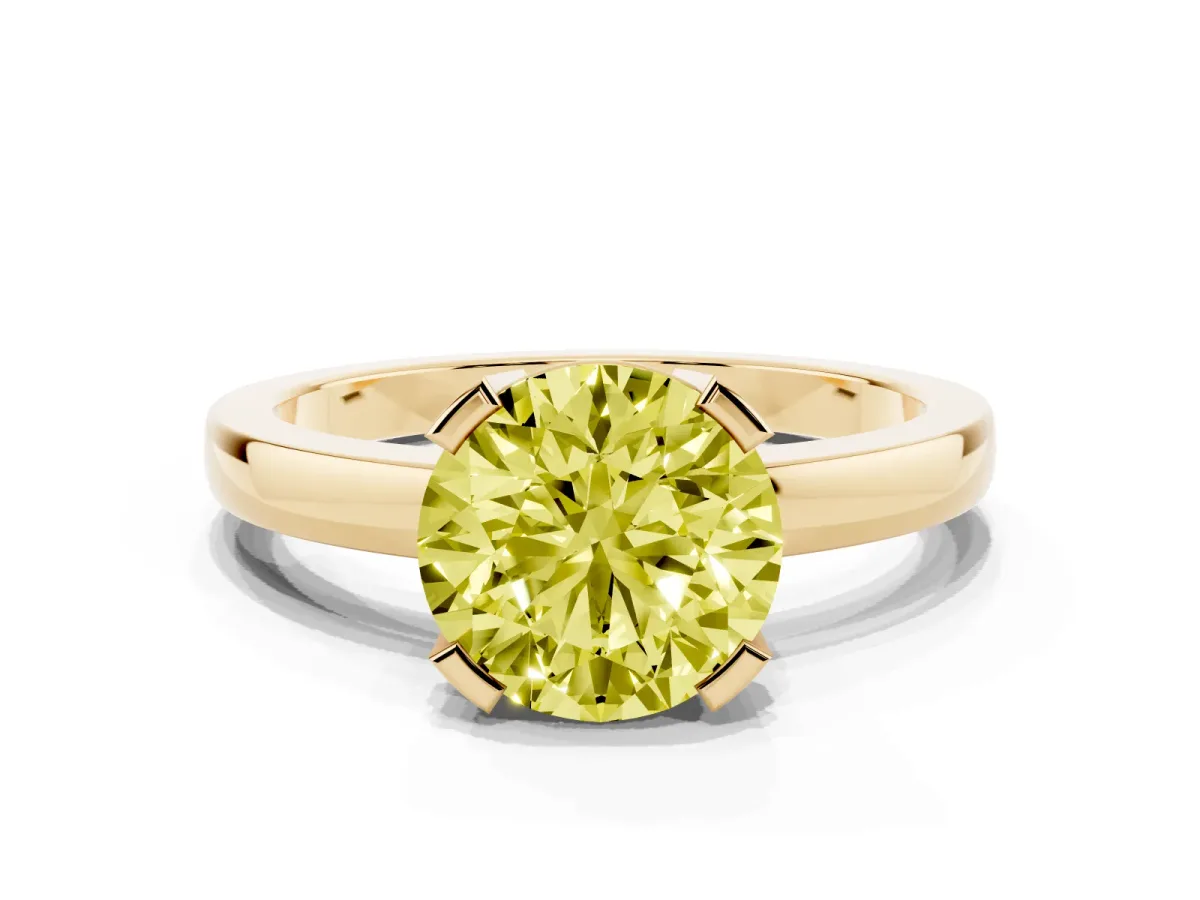 Fancy Yellow Round Cut Cut Solitaire Ring with Four-Prong Setting and Classic Band Yellow gold