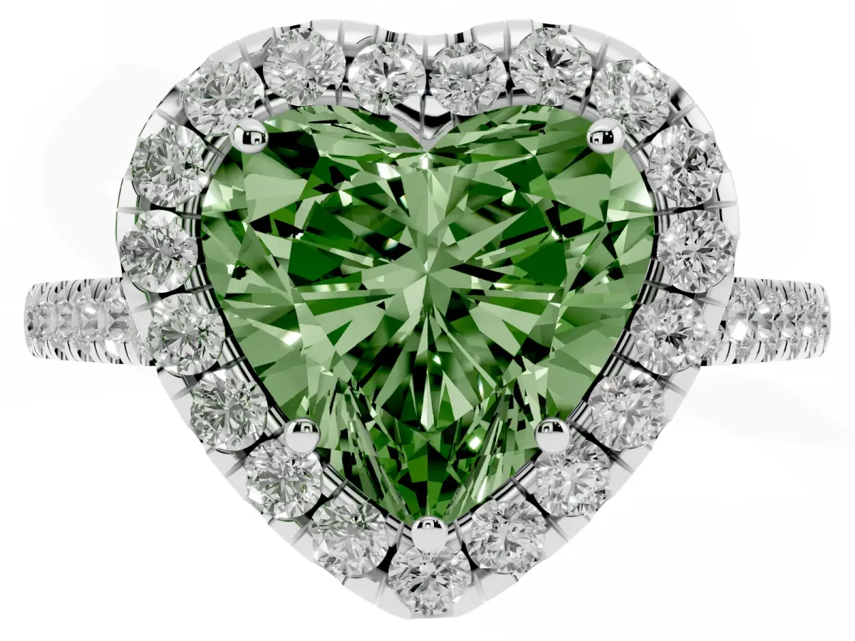 Fancy Green Heart Cut Halo Pave Diamond Engagement Ring with Four-Prong Setting Platinum