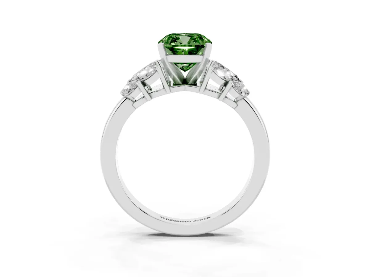 Fancy Green Cushion Cut Diamond Cluster Leaf Design Ring with Prong Setting Platinum
