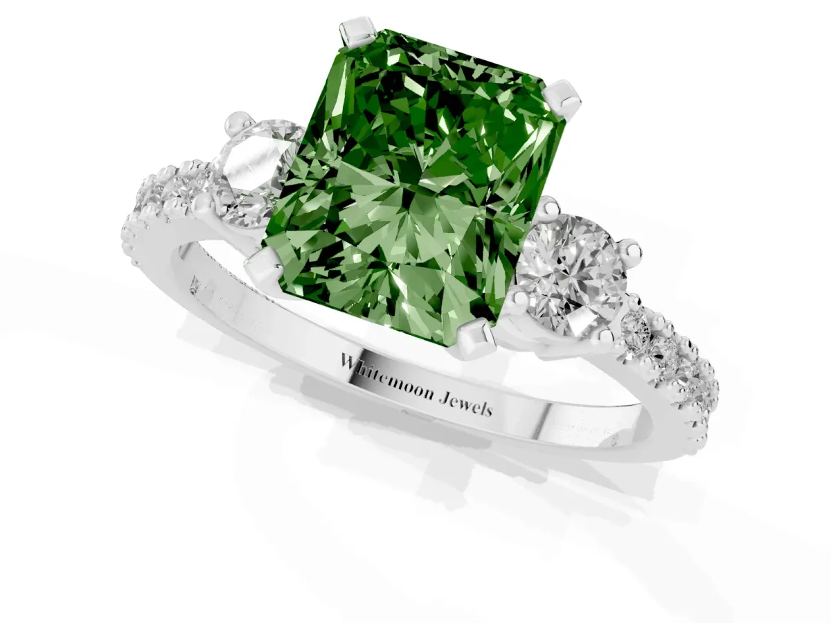 Fancy Green Radiant Cut Three-Stone Diamond Pavé Band with Prong Setting White gold
