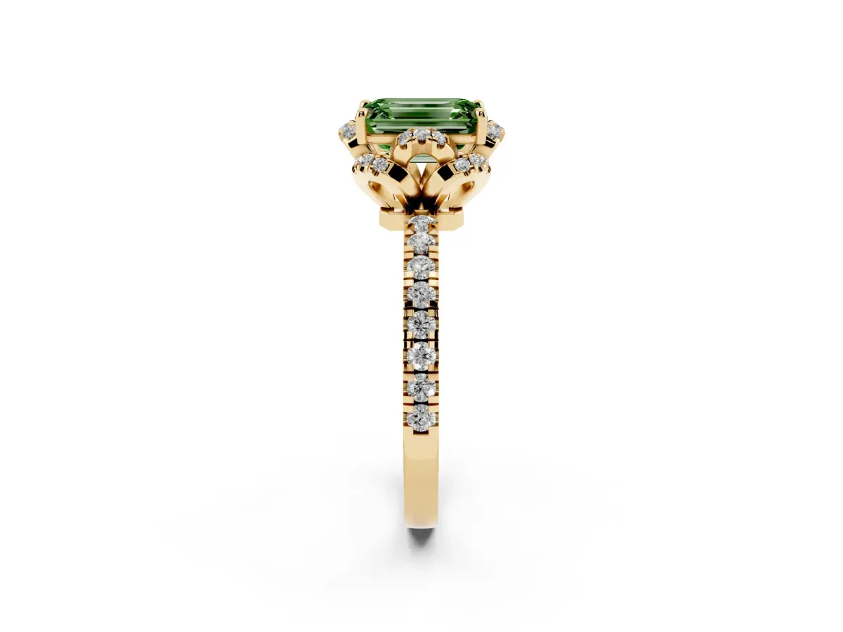 Fancy Green Emerald Cut Diamond Halo Pave Band with Four-Prong Setting Yellow gold