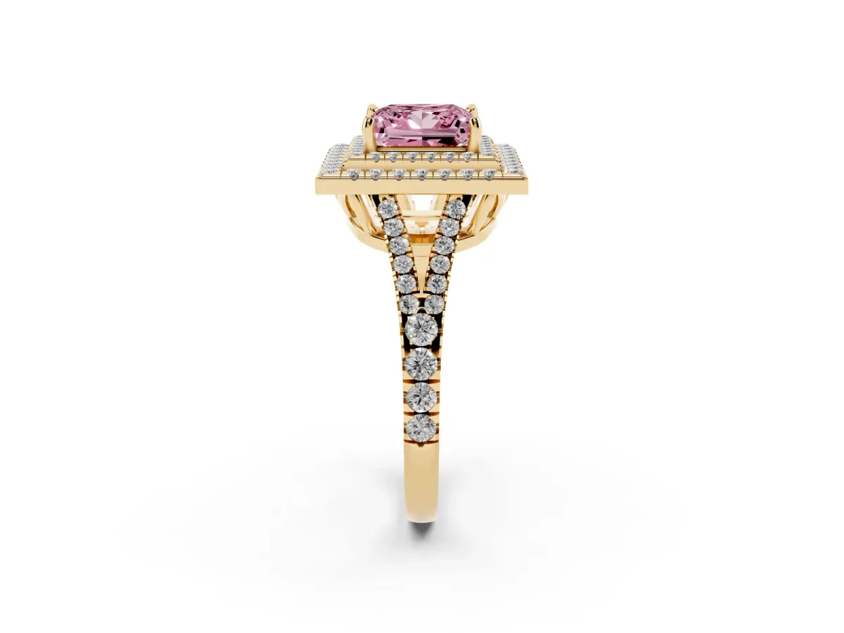 Fancy Pink Princess Cut Diamond Double Halo Ring with Pavé Band and Prong Setting Yellow gold
