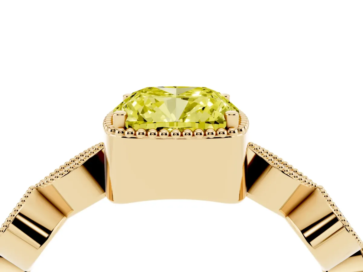 Fancy Yellow Cushion Cut Diamond Vintage Milgrain Ring with Round Stations Yellow gold