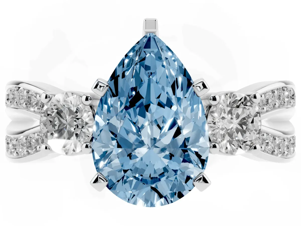 Fancy Blue Three-Stone Pear Cut Cut Diamond Twist Band with Prong Setting Platinum