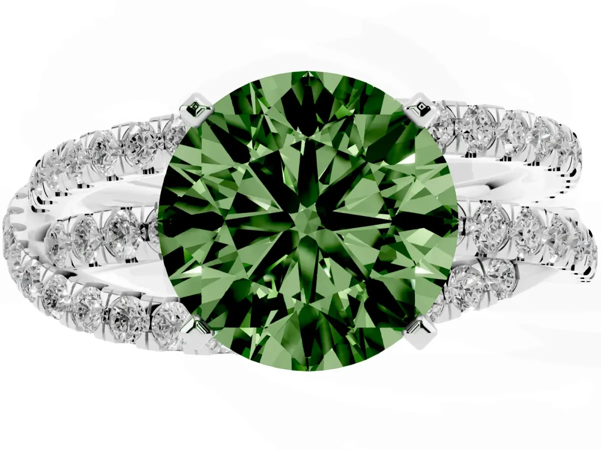 Fancy Green Round Cut Solitaire Twist Band with Pavé Setting and Four-Prong Setting Silver