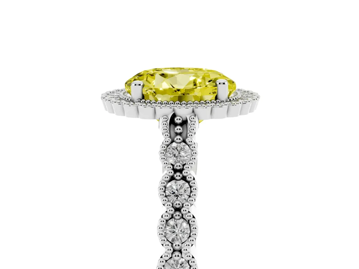 Fancy Yellow Round Cut Cut Halo Pavé Solitaire Ring with Milgrain Band White gold