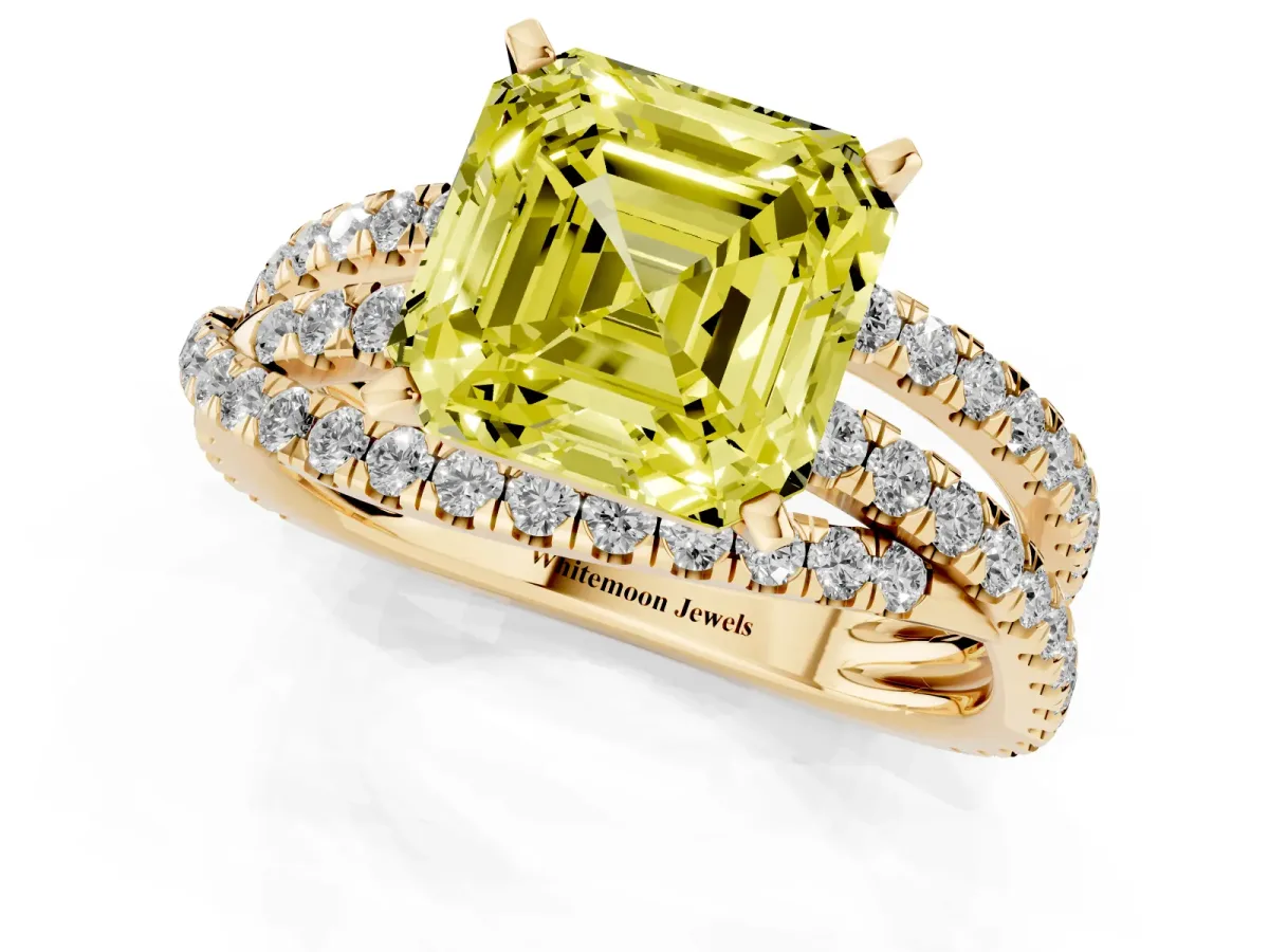 Fancy Yellow Asscher Cut Solitaire Twist Band with Pavé Setting and Four-Prong Setting Yellow gold
