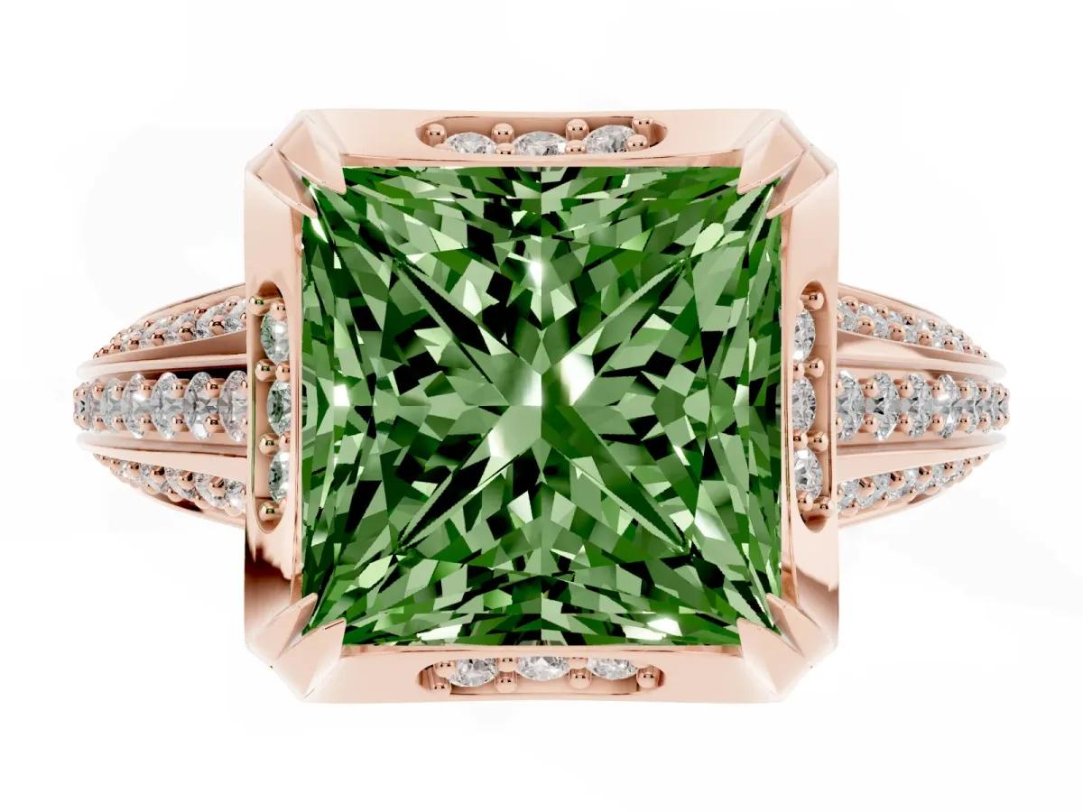 Fancy Green Princess Cut Solitaire Pave Split Shank Ring with Four-Prong Setting Rose gold