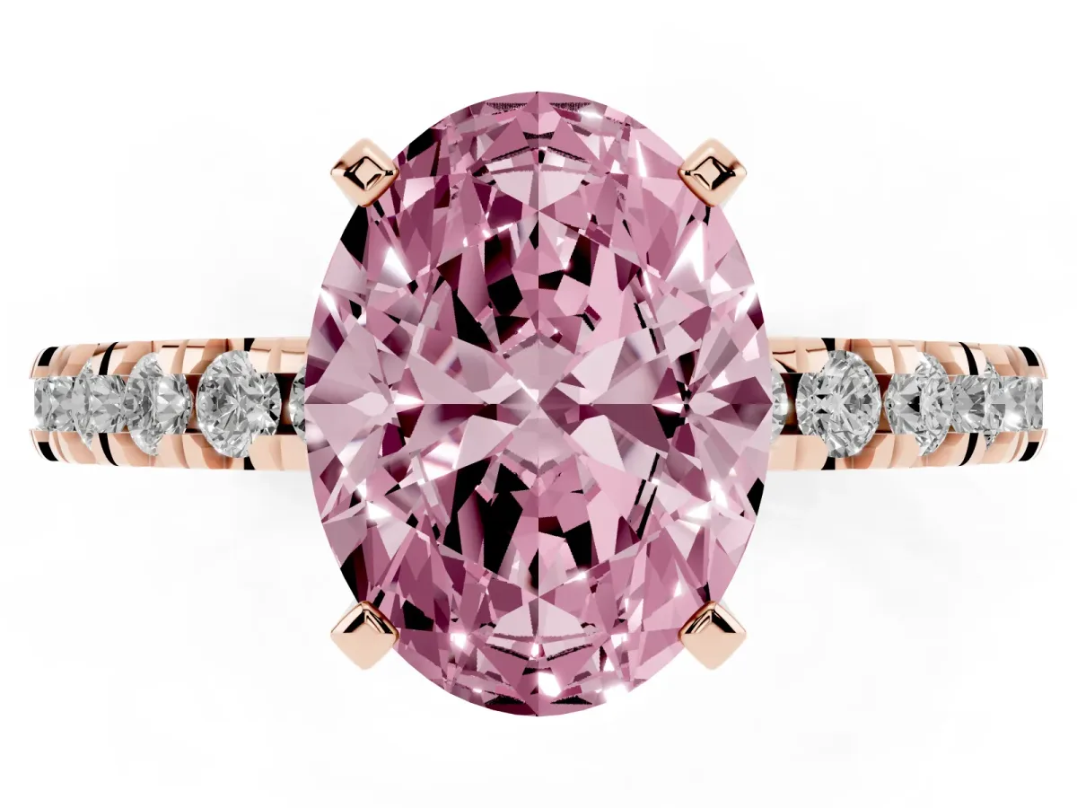 Fancy Pink Oval Cut Diamond Pavé Band Solitaire with Four-Prong Setting Rose gold